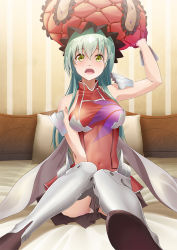 Rule 34 | 1girl, bed sheet, between legs, black skirt, cosplay, covered navel, fate/grand order, fate (series), green eyes, green hair, hair between eyes, hand between legs, jacket, kantai collection, long hair, looking at viewer, marie antoinette (fate), marie antoinette (fate) (cosplay), miniskirt, open mouth, panties, pantyhose, pillow, pleated skirt, red headwear, red jacket, shiny skin, sitting, skirt, sleeveless, sleeveless jacket, solo, straight hair, suzuya (kancolle), underwear, very long hair, white panties, yamakou (yamakou e2)