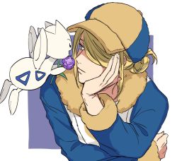 Rule 34 | 1boy, blonde hair, blue headwear, blue jumpsuit, closed mouth, commentary request, creatures (company), flower, fur trim, game freak, gen 2 pokemon, grey eyes, hair bun, hair over one eye, hand up, hat, head rest, highres, holding, holding flower, jumpsuit, male focus, multicolored clothes, multicolored headwear, nintendo, pokemon, pokemon (creature), pokemon legends: arceus, purple flower, short hair, single hair bun, t1ger spuma, togetic, volo (pokemon), yellow headwear
