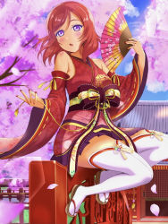 Rule 34 | 1girl, :o, artist name, artist request, bare shoulders, blue sky, blush, branch, breasts, cloud, day, female focus, floral print, flower print, folding fan, full body, hair between eyes, hand fan, holding, holding fan, japanese clothes, kimono, long sleeves, looking at viewer, love live!, love live! school idol festival, love live! school idol project, nail polish, nishikino maki, obi, outdoors, parted lips, pink petals, purple eyes, red hair, red kimono, red nails, sandals, sash, short hair, sitting, sky, small breasts, smile, solo, tree, white legwear