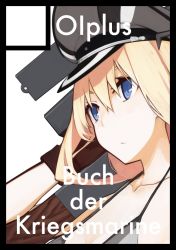 Rule 34 | 10s, 1girl, bad id, bad pixiv id, bismarck (kancolle), blonde hair, blue eyes, circle cut, collarbone, commentary request, german text, hair between eyes, hat, kantai collection, long hair, looking at another, mikoto (oi plus), military hat, solo