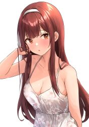 Rule 34 | 1girl, :o, absurdres, b1ack illust, bare shoulders, blush, breasts, brown hair, cleavage, collarbone, dress, floral print, hairband, hand in own hair, highres, idolmaster, idolmaster million live!, large breasts, long hair, looking at viewer, simple background, sleeveless, sleeveless dress, solo, straight hair, tanaka kotoha, very long hair, white background, white dress, white hairband