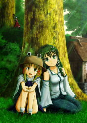 Rule 34 | 3girls, bare shoulders, blonde hair, blue hair, bobby socks, breasts, collarbone, crossed arms, detached sleeves, double bogey, female focus, frog hair ornament, grass, green eyes, green hair, hair ornament, hair ribbon, hair tubes, hands on own knees, hat, heads together, high collar, highres, knees together feet apart, kochiya sanae, legs together, legs up, long hair, long sleeves, looking at viewer, medium breasts, moriya suwako, multiple girls, open mouth, own hands together, ox3ls1, profile, ribbon, rope, seiza, shimenawa, shirt, short hair, shrine, sitting, skirt, small breasts, smile, snake, socks, touhou, tree, vest, white legwear, wide sleeves, yasaka kanako, yellow eyes