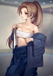 Rule 34 | 1girl, absurdres, ainy, artist name, bad id, bad twitter id, bare shoulders, blurry, breasts, brown eyes, brown hair, chest sarashi, depth of field, hakama, hakama skirt, high ponytail, highres, idolmaster, idolmaster cinderella girls, indoors, japanese clothes, long hair, matsunaga ryo, medium breasts, navel, off shoulder, open mouth, parted bangs, ponytail, sarashi, skirt, smile, solo, standing, sweat, undressing