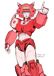 Rule 34 | 1girl, 2023, absurdres, autobot, azuredawn40, blue eyes, breasts, colored skin, elita one, helmet, highres, horns, humanoid robot, medium breasts, pointing, red lips, robot, robot girl, simple background, solo, transformers, white background, white skin