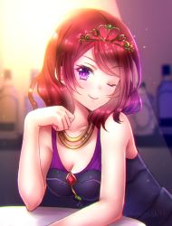 Rule 34 | 10s, 1girl, alcohol, artist request, bare shoulders, blurry, blurry background, blush, bottle, breasts, building, cleavage, closed mouth, collarbone, dress, drink, female focus, fingernails, giving, glass, highres, light, lips, looking at viewer, love live!, love live! school idol festival, love live! school idol project, nail, nail polish, night, nishikino maki, one eye closed, purple dress, purple eyes, red hair, religious offering, ribbon, short hair, smile, solo, sparkle, table, thighs