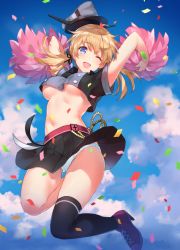 Rule 34 | 10s, 1girl, ;d, adapted costume, alternate eye color, anchor hair ornament, black skirt, black socks, blonde hair, blue eyes, breasts, confetti, crop top, cropped shirt, cross-laced footwear, from below, hair ornament, hair ribbon, hat, hat flying off, high heels, jumping, kantai collection, kneehighs, long hair, medium breasts, one eye closed, open mouth, panties, pantyshot, peaked cap, pom pom (cheerleading), prinz eugen (kancolle), red footwear, ribbon, shoes, short sleeves, single thighhigh, skirt, sky, smile, socks, solo, thighhighs, tousaki umiko, twintails, underboob, underwear