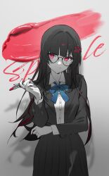 Rule 34 | 1girl, blazer, blue ribbon, character name, closed mouth, collared shirt, cosmetics, cowboy shot, crossed arms, glasses, greyscale, hair ornament, hairclip, head tilt, highres, holding, holding lipstick tube, honkai: star rail, honkai (series), jacket, lipstick tube, long hair, looking at viewer, monochrome, nail polish, neck ribbon, o0oherb, open clothes, open jacket, pink eyes, pleated skirt, red nails, ribbon, school uniform, shirt, skirt, smile, solo, sparkle (honkai: star rail), spot color, straight hair