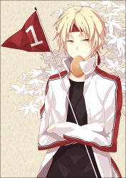 Rule 34 | 1boy, blonde hair, border, bread, crossed arms, flag, food, headband, holding, jacket, male focus, moco 315, mouth hold, natsume takashi, natsume yuujinchou, numbered flag, open clothes, open jacket, solo, track jacket, track suit, yellow eyes