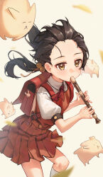Rule 34 | 1girl, absurdres, animal, ascot, backpack, bag, bag charm, black hair, blush, charm (object), child, collared shirt, commentary request, dress, expressionless, falling leaves, floating hair, flute, forehead, from above, hair bobbles, hair ornament, highres, holding, holding flute, holding instrument, instrument, kaai yuki, kustaru, kyoufuu all back (vocaloid), leaf, long hair, looking at viewer, low twintails, music, pinafore dress, playing instrument, pleated dress, puffy short sleeves, puffy sleeves, randoseru, recorder, red ascot, red bag, red dress, shirt, short dress, short sleeves, simple background, sleeveless, sleeveless dress, solo, squatting, twintails, vocaloid, white background, white shirt, wind, yellow eyes