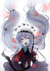 Rule 34 | 1girl, aqua gloves, arknights, clothing cutout, detached sleeves, dress, fish, gloves, grey hair, hair between eyes, half-closed eyes, hand up, headgear, highres, lig+, long hair, long sleeves, looking at viewer, low twintails, navel, navel cutout, no headwear, no headwear, official alternate costume, red dress, red eyes, red sleeves, skadi (arknights), skadi the corrupting heart (arknights), solo, twintails, twitter username, upper body, very long hair, white background
