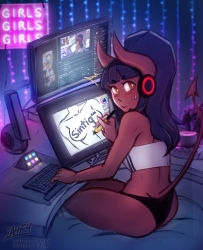 1girl, artist self-insert, at computer, bangs, bare shoulders, black hair, black panties, blunt bangs, blush, brand name imitation, caught, colored skin, commentary, demon girl, demon horns, demon tail, desk, drawing, drawing tablet, english commentary, eyebrows visible through hair, from behind, headphones, headset, high ponytail, horns, iahfy, keyboard (computer), long hair, monitor, multiple monitors, neon lights, orange eyes, original, panties, recursion, red horns, red skin, short eyebrows, sitting, skin-covered horns, solo, speaker, strapless, stylus, sweatdrop, synth (iahfy), tail, tubetop, turning head, underwear