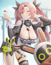 Rule 34 | 1girl, ;), absurdres, anoreika tomoe, bare shoulders, belt, black belt, black ribbon, black shorts, black thighhighs, blush, breasts, cleavage, clothing cutout, commentary request, cowboy shot, green eyes, hair ornament, hair ribbon, hairclip, hand in own hair, hand up, heart, highres, large breasts, leaning forward, long hair, long sleeves, looking at viewer, micro shorts, midriff, nail polish, navel, nicole demara, one eye closed, pink hair, pink nails, ribbon, shorts, shoulder cutout, single thighhigh, smile, solo, standing, stomach, strapless, thighhighs, thighs, tube top, two side up, very long hair, zenless zone zero