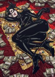 Rule 34 | 1girl, animification, ass, banknote, batman (series), batman returns, bodysuit, breasts, catwoman, dc comics, gem, gloves, gold, green eyes, high heels, highres, holding, holding whip, ireading, large breasts, latex, latex bodysuit, latex gloves, lipstick, looking at viewer, lying, makeup, mask, money, on gold, on side, open mouth, selina kyle, smile, solo, whip