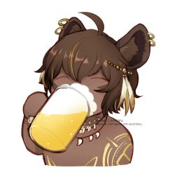 Rule 34 | 1boy, ahoge, alcohol, animal ear piercing, animal ears, artist name, beer, beer mug, brown hair, chibi, closed eyes, commentary request, cup, dark-skinned male, dark skin, dog boy, dog ears, drinking, earrings, feather hair ornament, feathers, hair between eyes, hair ornament, jewelry, long bangs, mahjong soul, male focus, meg (user xszk7724), mug, multiple earrings, musa (mahjong soul), necklace, short hair, simple background, solo, tooth necklace, upper body, white background
