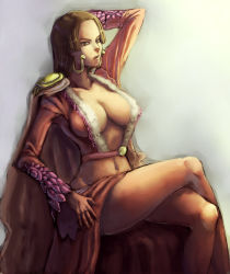 Rule 34 | 1girl, boa hancock, breasts, brown eyes, brown hair, cleavage, female focus, kyoffie, large breasts, long hair, midriff, navel, one piece, parted lips, sitting, solo