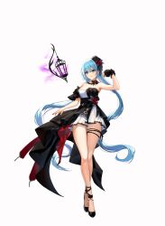 Rule 34 | 1girl, arm garter, armpits, bare arms, bare legs, bare shoulders, black choker, black dress, black footwear, black hat, blue eyes, blue hair, breasts, choker, cleavage, closed mouth, closers, crossed legs, dress, floating hair, full body, hat, highres, lantern, long hair, looking ahead, medium breasts, mini hat, nail polish, non-web source, official art, pleated dress, red nails, shoes, short dress, simple background, skindentation, smile, solo, standing, strapless, strapless dress, thigh strap, thighs, two-tone dress, very long hair, violet (closers), watson cross, white background, white dress