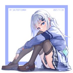 Rule 34 | 1girl, 2021, absurdres, artist name, blue eyes, blue sweater, blunt bangs, braid, breasts on lap, brown footwear, cellphone, dated, french braid, from side, full body, grey skirt, grey thighhighs, hair ornament, hairclip, highres, hugging own legs, loafers, long hair, long sleeves, looking at viewer, miniskirt, original, phone, pleated skirt, saltedfishmax, school uniform, shoes, skirt, smartphone, solo, sweater, thighhighs, white background, white hair