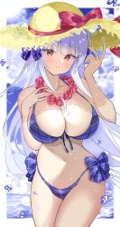 Rule 34 | 1girl, absurdres, azur lane, bikini, bow, breasts, cowboy shot, cygnet (azur lane), cygnet (sea star on shore) (azur lane), flower, flower necklace, front-tie bikini top, front-tie top, hair ornament, hat, highres, huge breasts, jewelry, kisahipi, looking at viewer, necklace, official alternate costume, plaid, plaid bikini, plaid bow, purple bikini, red bow, red eyes, straw hat, swimsuit, white hair