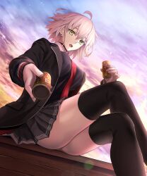 Rule 34 | 1girl, absurdres, ahoge, blush, breasts, fate/grand order, fate (series), grey hair, harukey, highres, jeanne d&#039;arc alter (avenger) (fate), jeanne d&#039;arc alter (fate), large breasts, long sleeves, looking at viewer, open mouth, school uniform, short hair, sitting, skirt, solo, thighhighs, thighs, yellow eyes