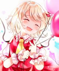 Rule 34 | 1girl, ^ ^, ascot, bad id, bad pixiv id, balloon, blonde hair, bloom, blurry, blush, closed eyes, crystal, depth of field, dress, fang, flandre scarlet, happy, highres, nail polish, one side up, open mouth, pafe yuzuran, pink nails, red dress, short hair, simple background, skin fang, smile, solo, touhou, upper body, v, white background, wings, wrist cuffs, yellow ascot