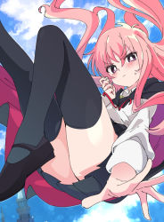 Rule 34 | 1girl, black footwear, black skirt, black thighhighs, blue sky, blush, bright pupils, cape, cloud, day, hair between eyes, ixy, long hair, long sleeves, looking at viewer, louise francoise le blanc de la valliere, pink hair, purple eyes, shoes, skirt, sky, solo, thighhighs, thighs, white pupils, zero no tsukaima