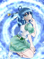 Rule 34 | 1girl, arched back, belt, blue eyes, blue hair, blue nails, dress, fingernails, full body, hair ornament, hair rings, hair stick, hand on own chin, hand on own thigh, kaku seiga, kneeling, looking at viewer, matching hair/eyes, nail polish, no shoes, ofuda, puffy short sleeves, puffy sleeves, shawl, short hair, short sleeves, smile, socks, solo, spiral background, touhou, two-tone background, white socks, yagi10