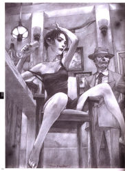 Rule 34 | 1boy, 1girl, bar (place), bare legs, barefoot, black hair, border, bottle, chair, cup, dress, drinking glass, facial hair, formal, glass, hat, highres, hiroaki samura, indoors, monochrome, mustache, pencil, realistic, short hair, sitting, spread legs, suit, tagme, toes, white border