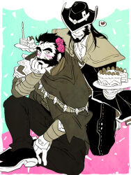 Rule 34 | 2boys, bara, beard, blush, cake, candle, couple, cowboy hat, facial hair, flower, food, from above, graves (league of legends), hair flower, hair ornament, hair slicked back, happy birthday, hat, hat over eyes, heart, holding, holding cake, holding food, karipaku, league of legends, long hair, male focus, mature male, multiple boys, mustache, pink background, short hair, sitting, spoken heart, spot color, thick eyebrows, twisted fate, two-tone background, yaoi