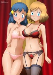 Rule 34 | 2girls, absurdres, black thighhighs, blue eyes, blue hair, blush, bow, bow bra, bow panties, bra, breasts, brown hair, closed mouth, collarbone, creatures (company), dawn (pokemon), game freak, garter belt, garter straps, gluteal fold, hair ornament, hairclip, highres, large breasts, lingerie, long hair, looking at viewer, medium breasts, multiple girls, navel, nintendo, panties, pokemon, pokemon (anime), serena (pokemon), short hair, standing, thighhighs, underwear, underwear only, zel-sama