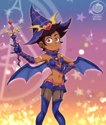 Rule 34 | 1girl, \n/, absurdres, armlet, bat wings, belt, blue footwear, blue gloves, blue headwear, blue shirt, blue skirt, blush, boots, breasts, brown eyes, brown hair, chocolate magician girl, chocolate magician girl (cosplay), clothing cutout, cosplay, cotonus, crossover, dark skin, disney, earrings, garter straps, gloves, grey pantyhose, hand on own hip, hat, heart, heart cutout, highres, holding, jewelry, looking at viewer, luz noceda, midriff, multicolored background, navel, pantyhose, pink belt, shirt, short hair, skirt, sleeveless, sleeveless shirt, small breasts, smile, standing, star (symbol), starry background, the owl house, thigh boots, wand, wings, witch, witch hat, yu-gi-oh!