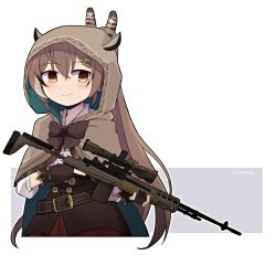 Rule 34 | 1girl, battle rifle, belt, blush, brown capelet, brown cloak, brown corset, brown eyes, brown hair, cape, capelet, cloak, corset, feather hair ornament, feathers, gloves, gun, gyaheung, hair ornament, hairclip, highres, hololive, hololive english, long hair, looking at viewer, m14, m14 ebr, multicolored hair, nanashi mumei, partially fingerless gloves, ponytail, red skirt, ribbon, rifle, scope, shirt, skirt, smile, sniper rifle, solo, streaked hair, very long hair, virtual youtuber, weapon, white shirt
