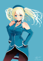 Rule 34 | 10s, 1girl, alternate costume, alternate hairstyle, atago (kancolle), bad id, bad pixiv id, bare shoulders, beret, black pantyhose, blonde hair, blue background, blue eyes, blue theme, blush, breasts, choker, cleavage, clothing cutout, dated, gloves, hands on own hips, hat, highres, kantai collection, large breasts, long hair, looking at viewer, military, military uniform, pantyhose, scrunchie, shoulder cutout, signature, smile, solo, standing, tebi (tbd11), twintails, uniform