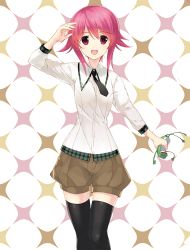 Rule 34 | 1girl, arm up, beige shorts, black thighhighs, bow, bowtie, chaos;child, highres, looking at viewer, necktie, onoe serika, open mouth, pink hair, red eyes, sasaki mutsumi, school uniform, short hair with long locks, shorts, sidelocks, smile, solo, thighhighs, zettai ryouiki