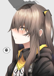 Rule 34 | 1girl, black jacket, black ribbon, blush, brown hair, closed mouth, dress shirt, girls&#039; frontline, grey background, hair between eyes, hair ornament, headpat, hood, hood down, hooded jacket, jacket, long hair, looking at viewer, looking to the side, nakatama kyou, neck ribbon, nose blush, one side up, out of frame, profile, ribbon, scar, scar across eye, scar on face, shirt, simple background, solo focus, spoken squiggle, squiggle, ump45 (girls&#039; frontline), upper body, white shirt, x-ray