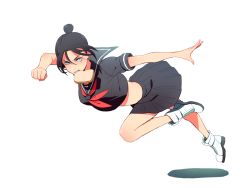 Rule 34 | 1girl, airborne, alternate costume, animification, apex legends, black hair, black serafuku, black skirt, blue eyes, bread slice, clenched hand, food, food in mouth, hair behind ear, looking at viewer, midriff, mouth hold, open hand, running, school uniform, serafuku, shadow, skirt, solo, tamtam, toast, toast in mouth, v-shaped eyebrows, white background, white footwear, wraith (apex legends)