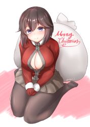 Rule 34 | 1girl, bag, black hair, black pantyhose, breasts, cardigan, cleavage, full body, gloves, hayasui (kancolle), highres, kantai collection, large breasts, looking at viewer, merry christmas, no shoes, official alternate costume, open cardigan, open clothes, pantyhose, pleated skirt, purple eyes, red gloves, red sweater, santa costume, seiza, short hair, sinape, sitting, skirt, smile, solo, sweater, twitter username