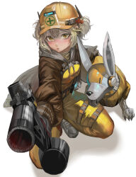 Rule 34 | 1girl, 1other, belt, blonde hair, blush, bodysuit, breasts, closed mouth, goddess of victory: nikke, hard hat, helmet, highres, holding, holding weapon, jacket, junwen lululu, licking, lips, liter (nikke), looking at viewer, non-humanoid robot, open clothes, open jacket, robot animal, robot dog, short hair, simple background, small breasts, squatting, utility belt, volt (nikke), weapon, white background, yellow bodysuit, yellow eyes