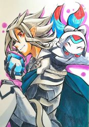 Rule 34 | 1boy, armor, closed eyes, corrin (fire emblem), corrin (male) (fire emblem), corrin (male) (fire emblem), fire emblem, fire emblem fates, gem, gloves, highres, holding, lilith (fire emblem), looking at viewer, male focus, nintendo, pointy ears, red eyes, shiratsu (white-seaside), smile, solo, white hair