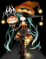 Rule 34 | 1girl, choker, detached sleeves, dress, gloves, green hair, halloween, hat, hatsune miku, jack-o&#039;-lantern, long hair, open mouth, pantyhose, red eyes, rorikon (youkon), solo, striped clothes, striped pantyhose, twintails, very long hair, vocaloid
