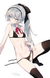 Rule 34 | 1girl, ahoge, bare arms, bare shoulders, bikini, black bikini, black bow, black thighhighs, blush, bow, breasts, closed mouth, collar, dated, detached collar, frilled collar, frills, grey eyes, groin, hair between eyes, hair bow, highres, long hair, looking away, looking to the side, maid, maid bikini, maid headdress, mimelond, navel, no shoes, original, ponytail, red bow, side-tie bikini bottom, signature, silver hair, simple background, small breasts, solo, swimsuit, thighhighs, unconventional maid, untied bikini, very long hair, white background, white collar