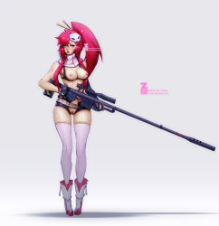 Rule 34 | 00s, 1girl, anti-materiel rifle, blush, breastless clothes, breasts, breasts out, cleft of venus, gradient background, gun, highres, nipples, pussy, red hair, rifle, sniper rifle, solo, tengen toppa gurren lagann, uncensored, unzipped, weapon, yellow eyes, yoko littner, zeronis