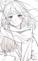 1girl closed_mouth greyscale highres holding holding_umbrella jacket looking_at_viewer medium_hair monochrome original scarf solo spot_color tsujin_bohboh umbrella upper_body