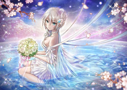 Rule 34 | 10s, 1girl, alternate costume, anastasia (idolmaster), bare shoulders, blush, bouquet, breasts, cape, cherry blossoms, choker, cleavage, closed mouth, dress, earrings, eyebrows, feathers, flower, frills, from above, from side, fur trim, hair between eyes, head wings, highres, holding, holding bouquet, idolmaster, idolmaster cinderella girls, jewelry, leaf, lens flare, light particles, lipstick, looking at viewer, makeup, motion blur, necklace, partially submerged, pendant, pink lips, pink ribbon, ribbon, ripples, rose, see-through, short hair, silver hair, sitting, smile, solo, sparkle, strapless, strapless dress, syrinxwell311, tree, wariza, water, white dress, white flower, white legwear, white ribbon, white rose, white wings, wings