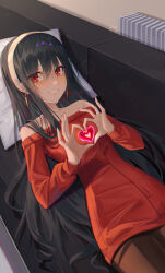 Rule 34 | 1girl, absurdres, black hair, couch, earrings, heart, heart hands, highres, jewelry, long hair, melt (melt out1), red hair, smile, solo, spy x family, yor briar