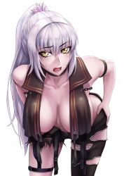 Rule 34 | 1girl, arm strap, asymmetrical legwear, bare shoulders, black pants, black shirt, breasts, breasts apart, collarbone, fate/grand order, fate (series), hanging breasts, highres, jeanne d&#039;arc (fate), jeanne d&#039;arc alter (fate), jeanne d&#039;arc alter (mystery treasure) (fate), large breasts, leaning forward, long hair, looking at viewer, mystery treasure, nipples, no bra, official alternate costume, pale skin, pants, ponytail, sakuya (liao kj), shirt, silver hair, simple background, solo, thigh strap, torn clothes, torn pants, very long hair, white background, yellow eyes