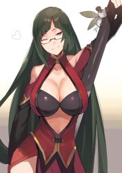 Rule 34 | 1girl, ;), bare shoulders, black hair, blazblue, breasts, china dress, chinese clothes, cleavage, cleavage cutout, closed mouth, clothing cutout, collarbone, dress, glasses, head tilt, holding, holding staff, hyakuhachi (over3), lao jiu, large breasts, litchi faye ling, long hair, looking at viewer, mature female, one eye closed, panda, red eyes, smile, solo, staff, very long hair