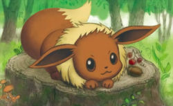 Rule 34 | :3, brown eyes, closed eyes, commentary, creature, creatures (company), eevee, english commentary, forest, full body, game freak, gen 1 pokemon, kusube aya, looking at viewer, lying, nature, nintendo, no humans, official art, on stomach, pokemon, pokemon (creature), pokemon tcg, solo, third-party source, tree, tree stump