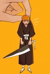 Rule 34 | 1boy, 1other, belt, between fingers, bleach, blush, clenched hands, commentary, cttttccct, disembodied limb, full body, highres, holding, japanese clothes, kurosaki ichigo, looking at viewer, male focus, orange hair, sandals, simple background, solo, spiked hair, sword, symbol-only commentary, teeth, upper teeth only, weapon, white belt, yellow background