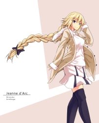 Rule 34 | 1girl, adjusting hair, alternate costume, black thighhighs, blonde hair, blue eyes, bow, braid, breasts, casual, character name, coat, fate/grand order, fate (series), for-u, fur trim, hair bow, highres, hood, hood down, jacket, jeanne d&#039;arc (fate), jeanne d&#039;arc (ruler) (fate), large breasts, long hair, looking at viewer, single braid, skirt, smile, solo, thighhighs, very long hair