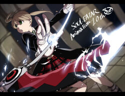 Rule 34 | 1girl, blonde hair, cardigan, collared shirt, copyright name, fighting, glowing, glowing weapon, green eyes, highres, holding, holding scythe, holding weapon, maka albarn, miniskirt, necktie, plaid, plaid skirt, scythe, shirt, skirt, souen senri, soul eater, striped necktie, twintails, weapon